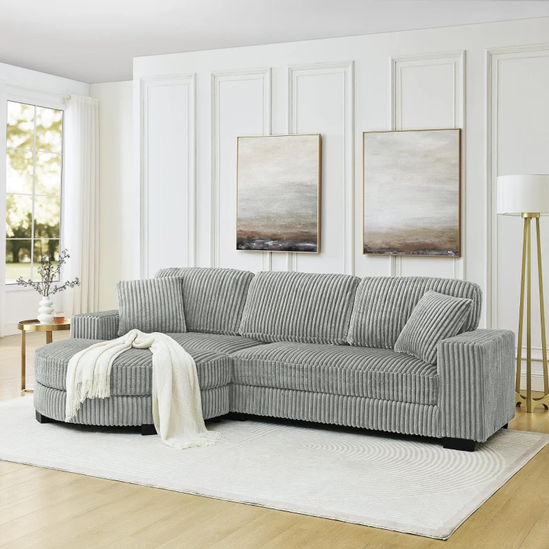 Corduroy Tufted Upholstered Sectional Sofa with Reversible Left/Right Chaise, L-Shaped Seats for Living Room, 110.5" L x 57" W x 25.5" H, Gray