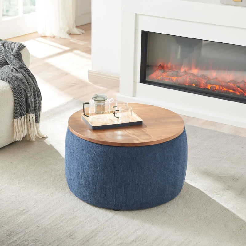 2-in-1 Round Storage Ottoman with Removable Top and Concealed Storage, End Table and Ottoman for Bedroom, 25.5" L x 25.5" W x 14.5" H, Navy