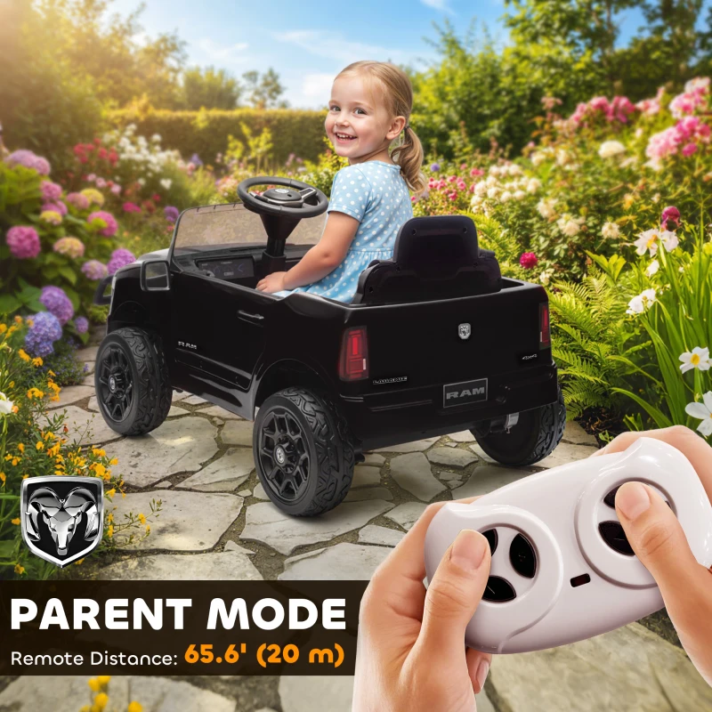 Qaba 12V Ride on Car, Licensed Dodge RAM 3500 Electric Vehicle with Remote Control, Suspension for 3-5 Years, Black