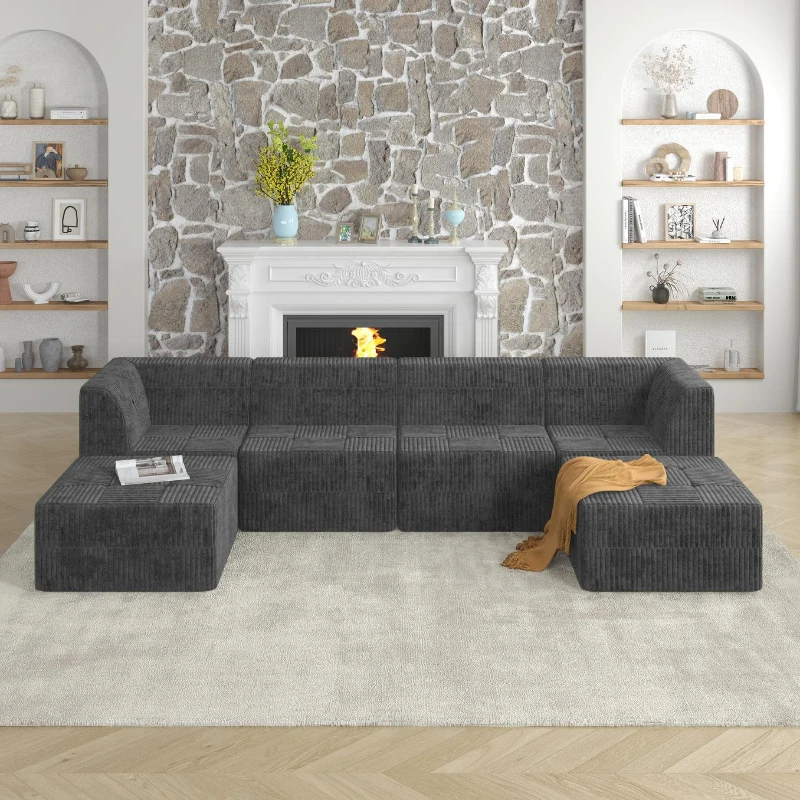 U-Shape Modular Sectional Sofa with Plush Terrycloth Upholstery, Space-Saving Minimalist Sleeper for Living Room, 130.5" L x 65" W x 30" H, Grey