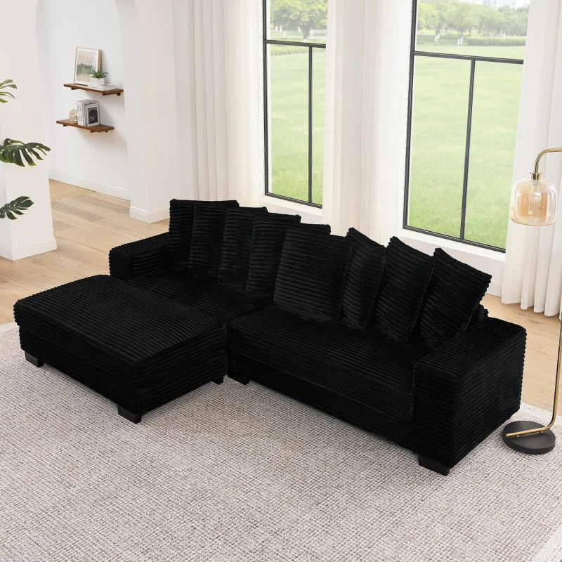 Corduroy Tufted Upholstered Sectional Sofa with Reversible Chaise, L-Shaped Sleeper with Removable Cushions, 110.5" L x 57" W x 25.5" H, Black