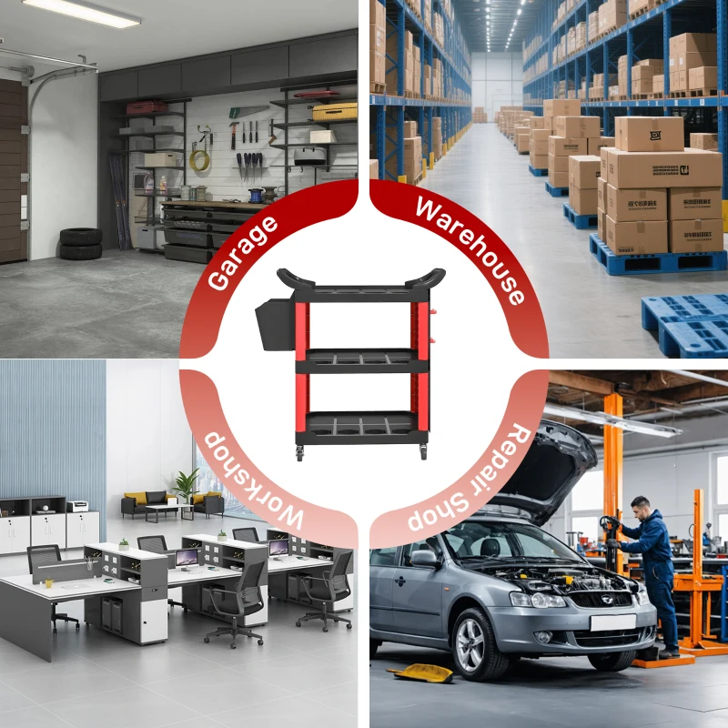 HOMCOM 3-Tier Rolling Tool Cart, 200 LBS Capacity Plastic Utility Cart with Side Shelf and Storage Bucket, Black & Red