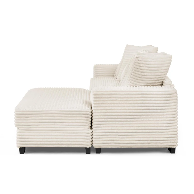 Tufted Corduroy Upholstered Sectional Sofa with Reversible Chaise, Footrests, Sleeper for Compact Room, 110.5" L x 57" W x 25.5" H, Beige