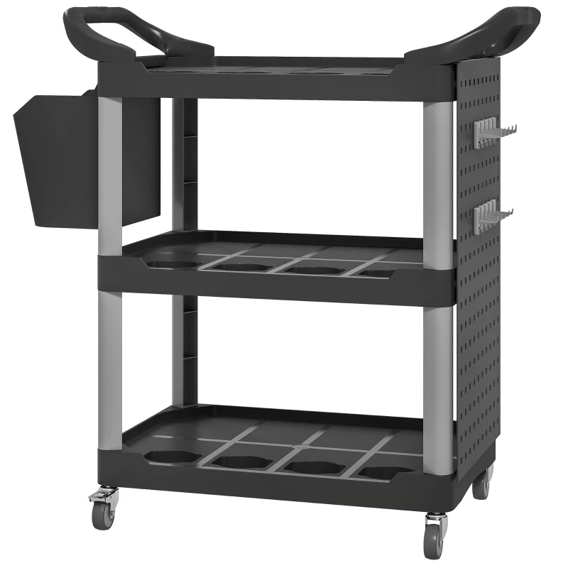 HOMCOM 3-Tier Rolling Tool Cart, 200 LBS Capacity Plastic Utility Cart with Side Shelf and Bucket, Black and Light Gray