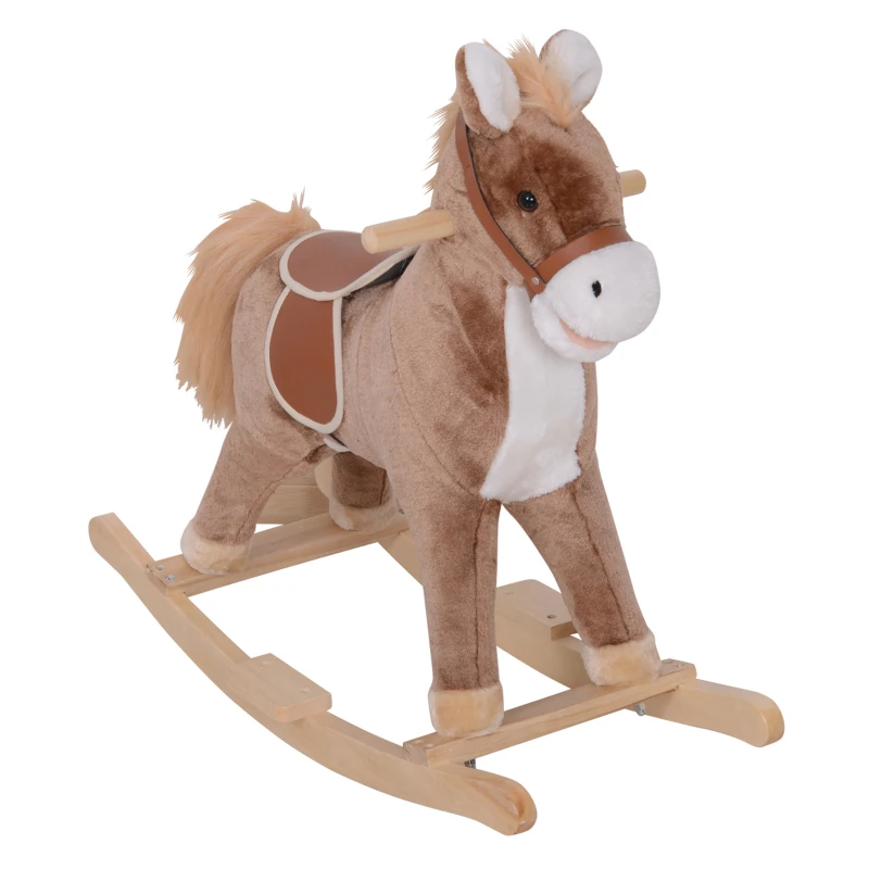 Qaba Kids Rocking Horse with Soft Plush Body, Wooden Base & Handle Grip for Years 3+