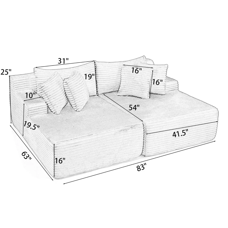 2-Seater Compressed Foam Lounge Sofa with Velvet Fabric and No Wood Frame, Loveseat Ideal for Bedroom, 83" L x 63" W x 25" H, Beige