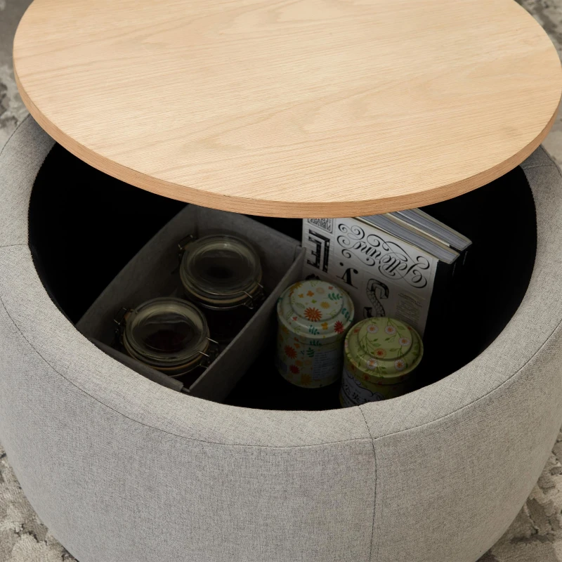 2-in-1 Round Storage Ottoman with Removable Lid, Hidden Storage, End Table & Ottoman for Living Room, 25.5" L x 25.5" W x 14.5" H, Light Grey