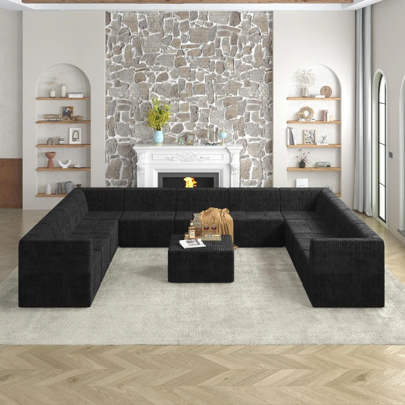 U-Shaped Modular Sectional Sofa with Foam-Filled Cushions, Reversible No-Assembly Design for Living Room, 163.5" L x 130.5" W x 30" H, Black