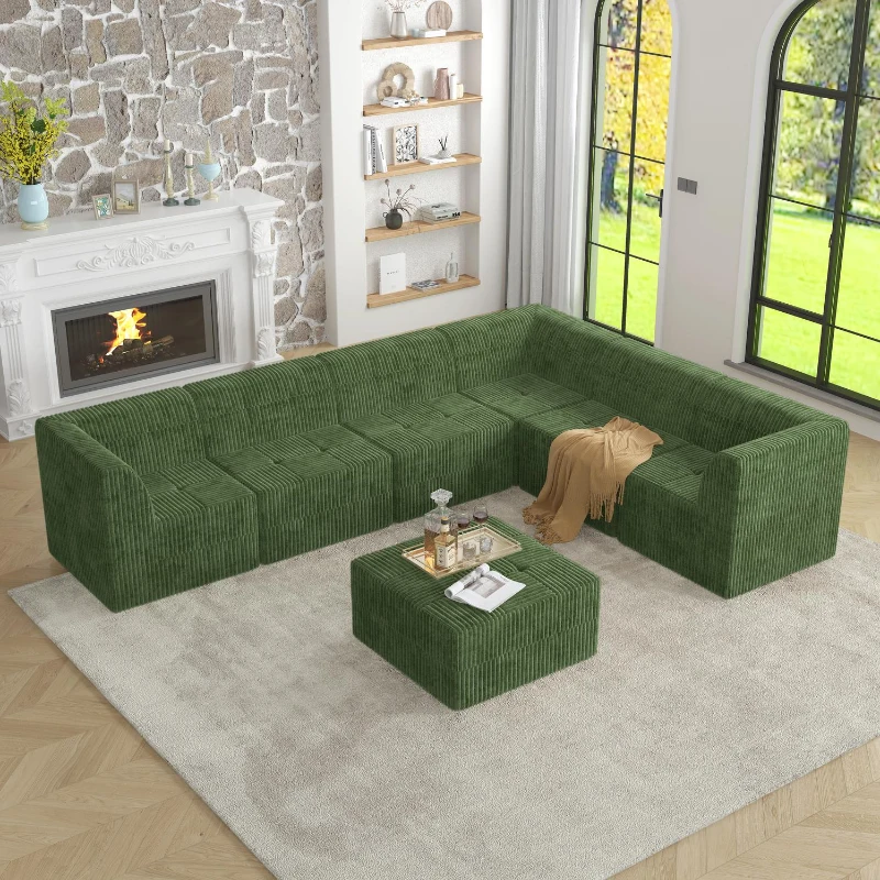 L-Shaped Modular Sectional Sofa with Foam-Filled Spring-Support Cushions, Reversible Sleeper for Living Room, 130.5" L x 97.5" W x 30" H, Green