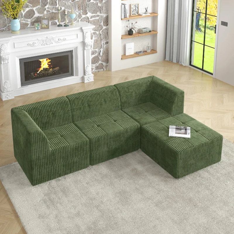 L-Shaped Modular Sectional Sofa with Space-Saving Compressed Design, Sleeper with Foam-Filled Cushions, 97.5" L x 66" W x 30" H, Green