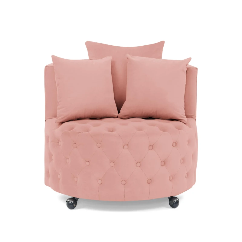 Velvet Upholstered Swivel Chair with Button-Tufted Back, Multi-Density Foam Cushion, Seat with 3 Accent Pillows, 30" L x 30" W x 26" H, Pink