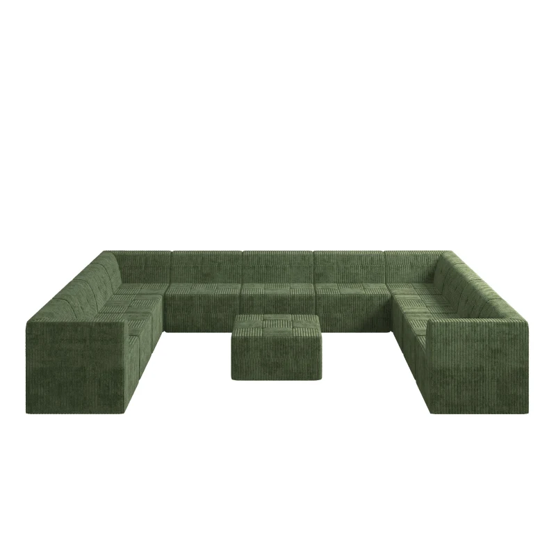 U-Shaped Modular Sectional Sofa with Foam-Filled Cushions, Reversible No-Assembly Sleeper for Living Room, 163.5" L x 130.5" W x 30" H, Green