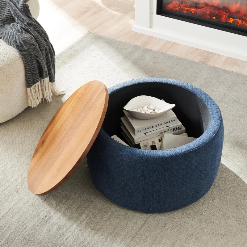 2-in-1 Round Storage Ottoman with Removable Top and Concealed Storage, End Table and Ottoman for Bedroom, 25.5" L x 25.5" W x 14.5" H, Navy