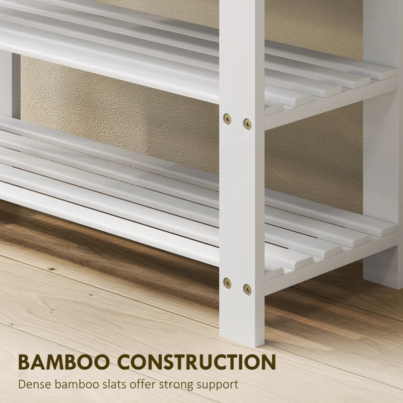 HOMCOM Bamboo Shoe Storage Bench, 3-Tier Entryway Bench with 2 Storage Shelves for Hallway, Holds 6 Pairs, White