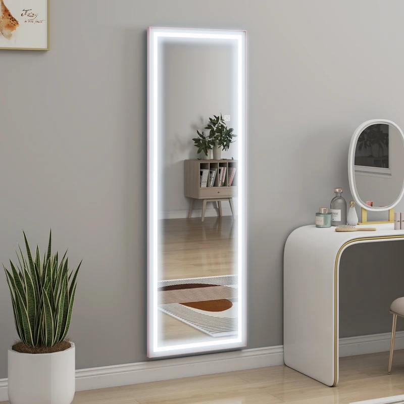 HOMCOM LED Mirror with Dimmable and 3 Colour Lights, 64" x 21" Rectangular Floor Mirror for Bedroom Living Room, Pink