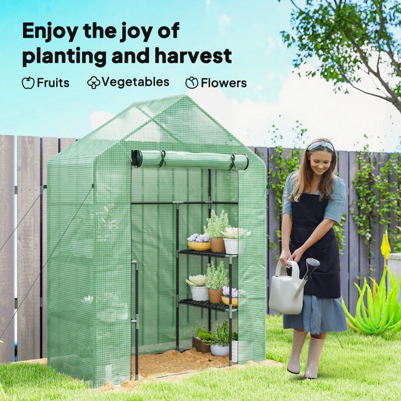 Outsunny 3-Tier Mini Greenhouse, Walk-in Greenhouse, Garden Hot House with 4 Shelves, Roll-Up Door and Weatherized Cover, 56" x 29" x 77", Dark Green