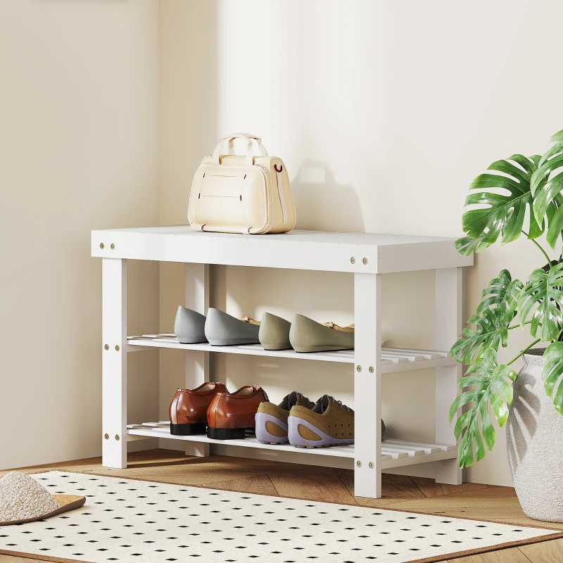 HOMCOM Bamboo Shoe Storage Bench, 3-Tier Entryway Bench with 2 Storage Shelves for Hallway, Holds 6 Pairs, White