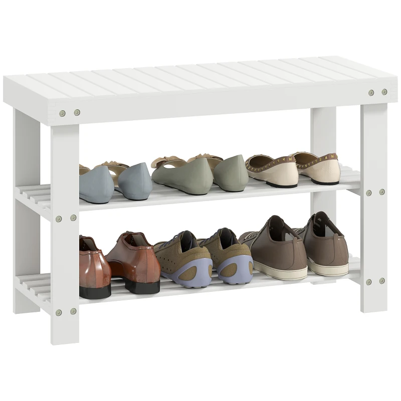HOMCOM Bamboo Shoe Storage Bench, 3-Tier Entryway Bench with 2 Storage Shelves for Hallway, Holds 6 Pairs, White