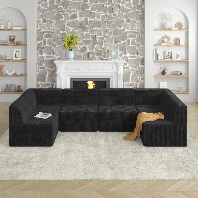 U-Shape Modular Sectional Sofa with Plush Terrycloth Upholstery, Space-Saving Minimalist Sleeper for Living Room, 130.5" L x 65" W x 30" H, Black