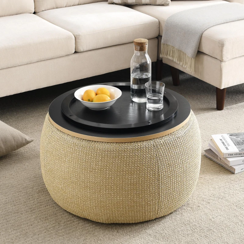2-in-1 Round Storage Ottoman with Removable Lid, Hidden Storage, End Table & Ottoman for Living Room, 25.5" L x 25.5" W x 14.5" H, Natural