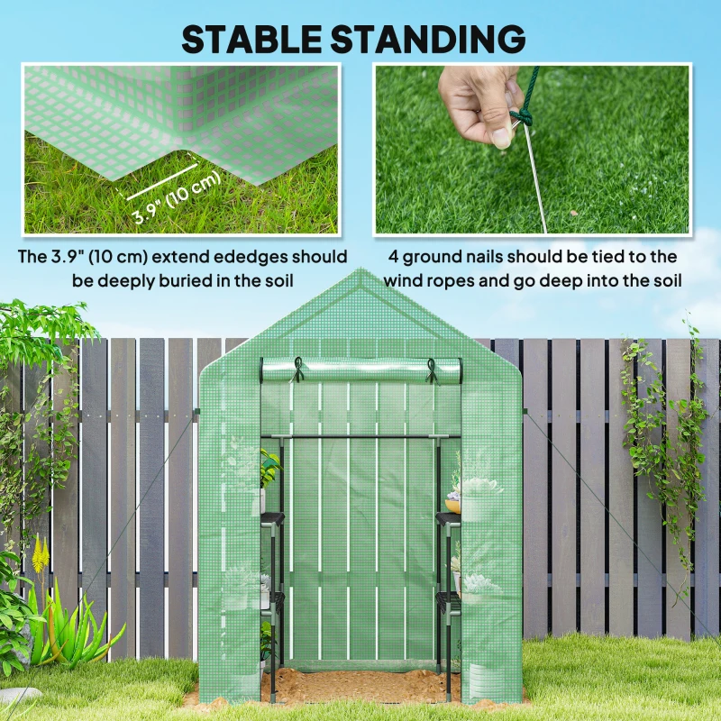 Outsunny 3-Tier Mini Greenhouse, Walk-in Greenhouse, Garden Hot House with 4 Shelves, Roll-Up Door and Weatherized Cover, 56" x 29" x 77", Dark Green