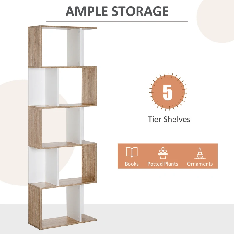 HOMCOM 5-Tier Geometric Bookcase Display Shelf Storage Shelf Modern Room Divider Living Room Home Office Furniture, White