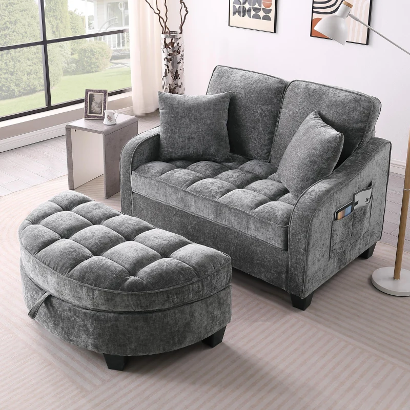 2-Seater Sofa Chaise Lounge with Irregular Curved Armrests, Ergonomic Backrest, Footrest with 2 Throw Pillows, 42.5" L x 32.5" W x 36.5" H, Grey
