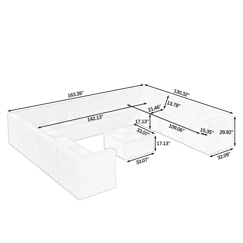 U-Shaped Modular Sectional Sofa with Foam-Filled Cushions, DIY Sleeper Perfect for Living Room, 163.5" L x 130.5" W x 30" H, Grey