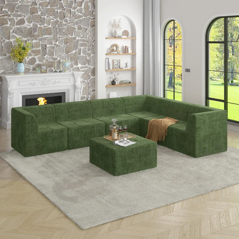 L-Shaped Modular Sectional Sofa with Foam-Filled Spring-Support Cushions, Reversible Sleeper for Living Room, 130.5" L x 97.5" W x 30" H, Green