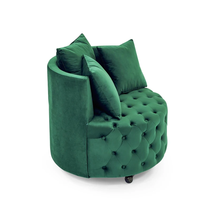 Velvet Upholstered Swivel Chair with Button-Tufted Back, Multi-Density Foam Cushion, Seat with 3 Accent Pillows, 30" L x 30" W x 26" H, Green