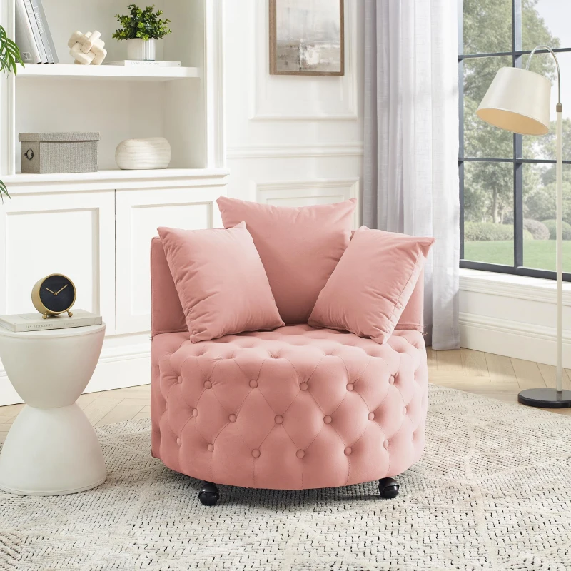 Velvet Upholstered Swivel Chair with Button-Tufted Back, Multi-Density Foam Cushion, Seat with 3 Accent Pillows, 30" L x 30" W x 26" H, Pink