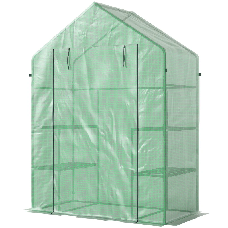 Outsunny 3-Tier Mini Greenhouse, Walk-in Greenhouse, Garden Hot House with 4 Shelves, Roll-Up Door and Weatherized Cover, 56" x 29" x 77", Dark Green