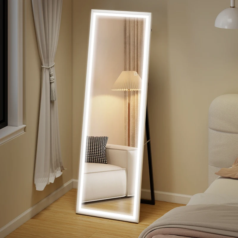 HOMCOM LED Mirror with Dimmable and 3 Colour Lights, 64" x 21" Rectangular Full Body Mirror for Bedroom Living Room, White