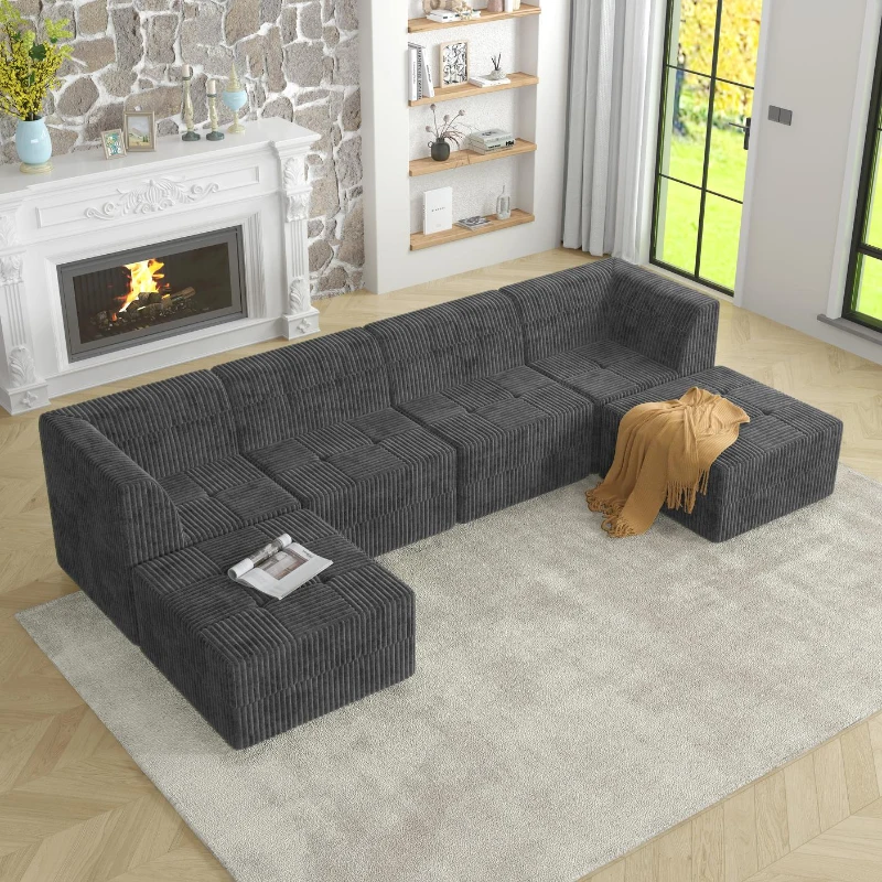 U-Shaped Modular Sofa with Spring-Supported Cushions and Wide Arms, Sectional Sofa Perfect for Living Room, 130.5" L x 65" W x 30" H, Grey