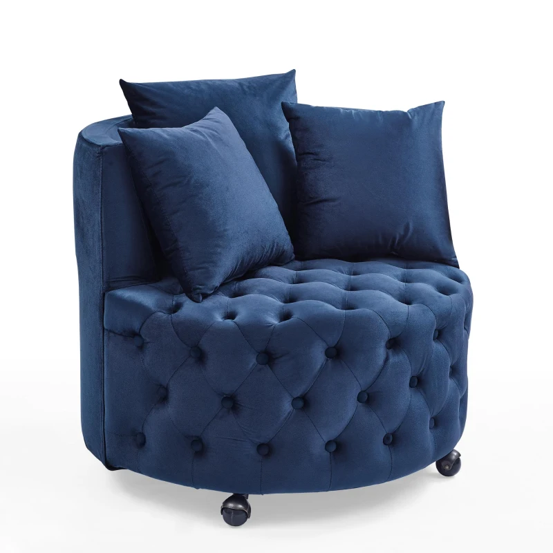 Velvet Upholstered Swivel Chair with Button-Tufted Back, Multi-Density Foam Cushion, Seat with 3 Accent Pillows, 30" L x 30" W x 26" H, Blue