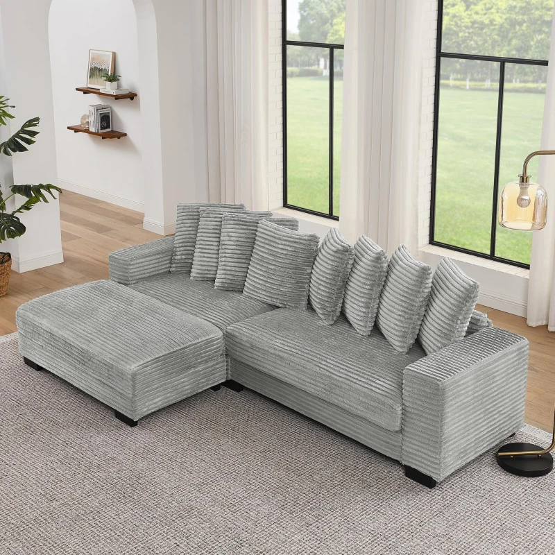 Tufted Corduroy Upholstered Sectional Sofa with Reversible Chaise, Footrests, Sleeper for Compact Room, 110.5" L x 57" W x 25.5" H, Gray