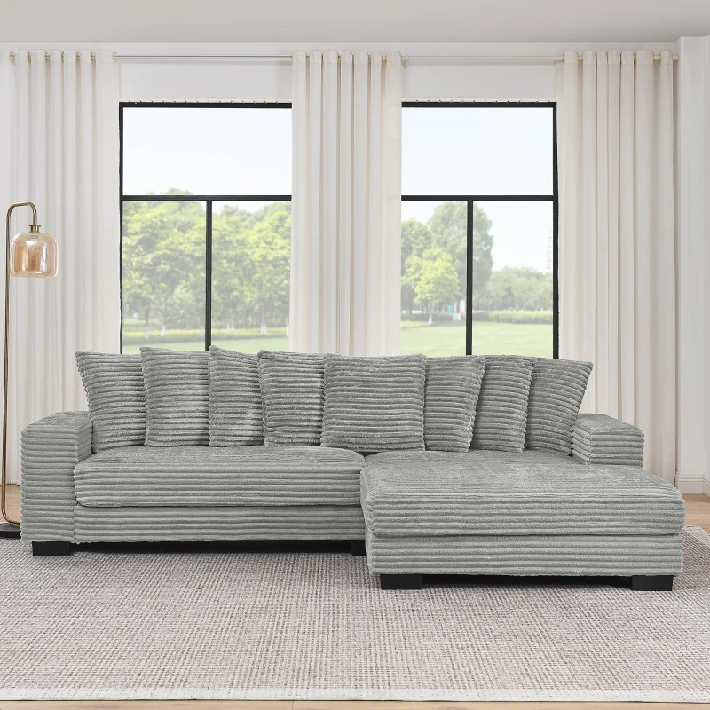 Tufted Corduroy Upholstered Sectional Sofa with Reversible Chaise, Footrests, Sleeper for Compact Room, 110.5" L x 57" W x 25.5" H, Gray