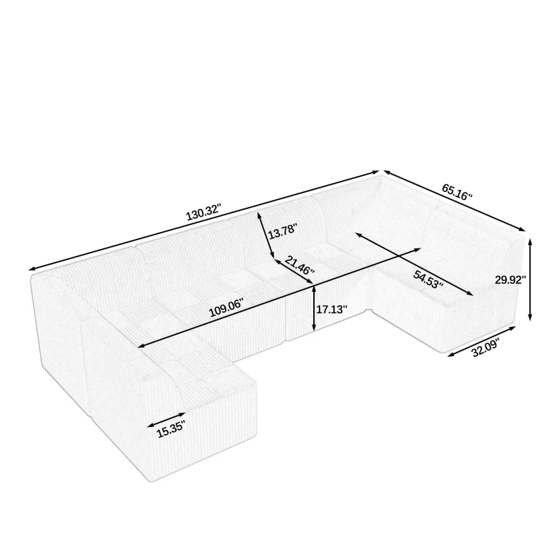 U-Shaped Modular Sofa with Spring-Supported Cushions and Wide Arms, Sectional Sofa Perfect for Living Room, 130.5" L x 65" W x 30" H, Beige