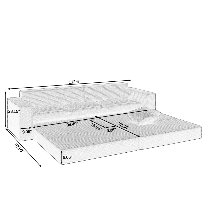 Right-Arm L-Shape Modular Sectional Sofa with Plush Foam-Filled Seats, Modular Sofa Ideal for Living Room, 112.5" L x 62.5-88" W x 28" H, Black