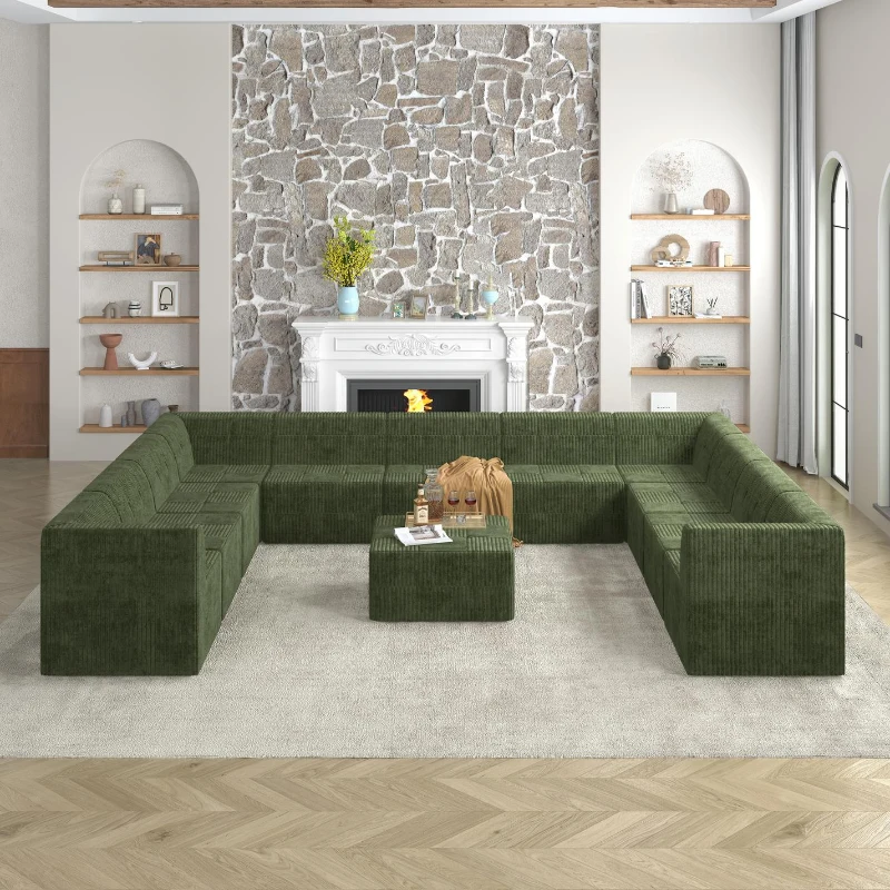 U-Shaped Modular Sectional Sofa with Foam-Filled Cushions, Reversible No-Assembly Sleeper for Living Room, 163.5" L x 130.5" W x 30" H, Green