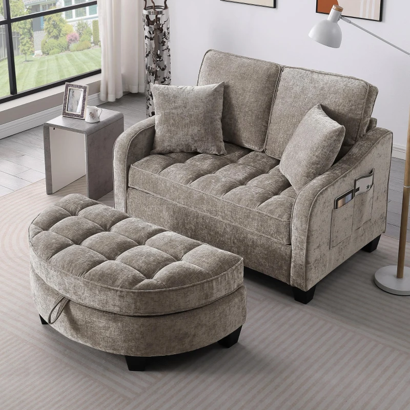 2-Seater Sofa Chaise Lounge with Irregular Curved Armrests, Ergonomic Backrest, Footrest with 2 Throw Pillows, 42.5" L x 32.5" W x 36.5" H, Brown
