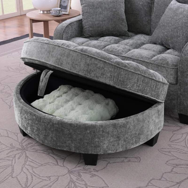 2-Seater Sofa Chaise Lounge with Irregular Curved Armrests, Ergonomic Backrest, Footrest with 2 Throw Pillows, 42.5" L x 32.5" W x 36.5" H, Grey