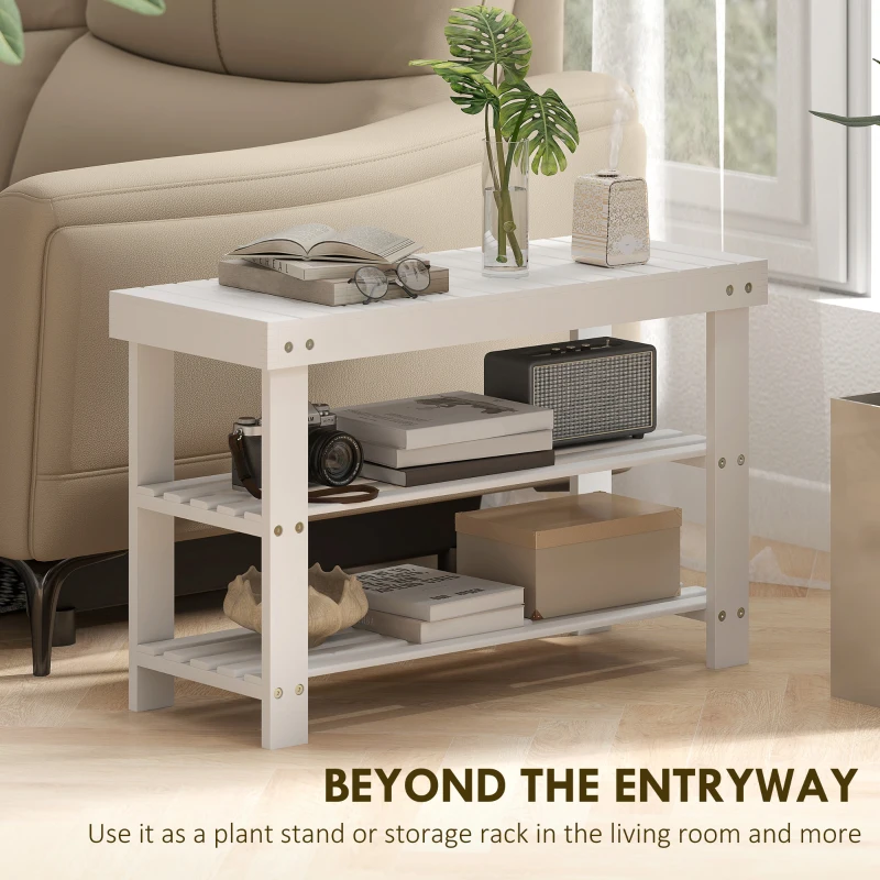 HOMCOM Bamboo Shoe Storage Bench, 3-Tier Entryway Bench with 2 Storage Shelves for Hallway, Holds 6 Pairs, White