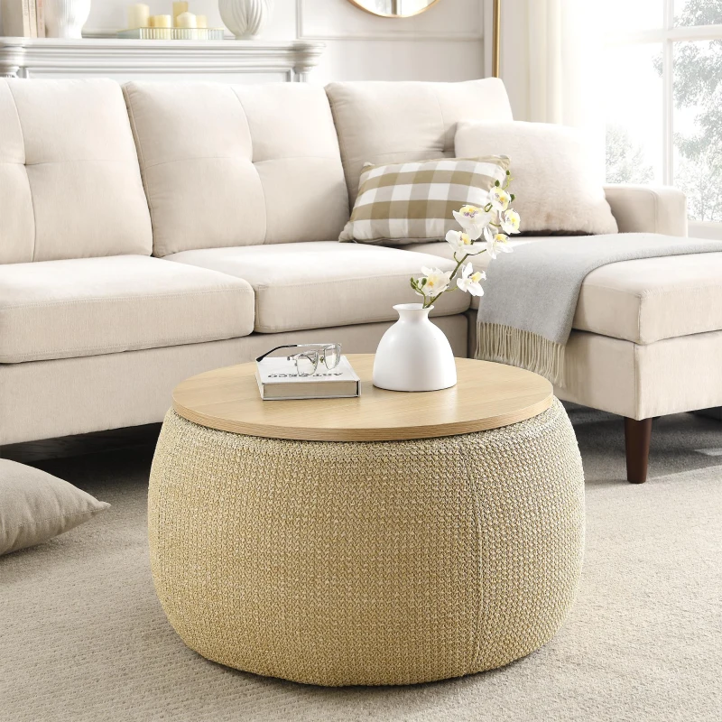 2-in-1 Round Storage Ottoman with Removable Lid, Hidden Storage, End Table & Ottoman for Living Room, 25.5" L x 25.5" W x 14.5" H, Natural