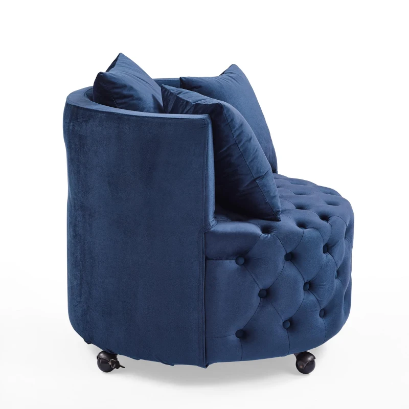 Velvet Upholstered Swivel Chair with Button-Tufted Back, Multi-Density Foam Cushion, Seat with 3 Accent Pillows, 30" L x 30" W x 26" H, Blue