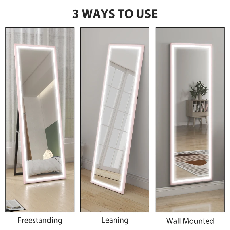 HOMCOM LED Mirror with Dimmable and 3 Colour Lights, 64" x 21" Rectangular Full Body Mirror for Bedroom Living Room, Pink