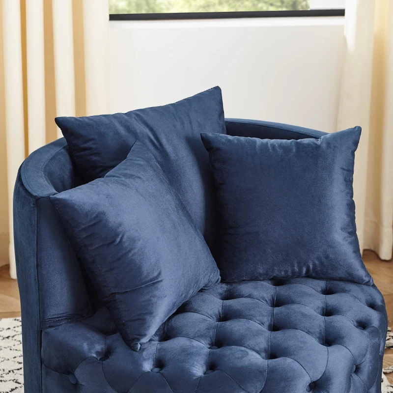 Velvet Upholstered Swivel Chair with Button-Tufted Back, Multi-Density Foam Cushion, Seat with 3 Accent Pillows, 30" L x 30" W x 26" H, Blue