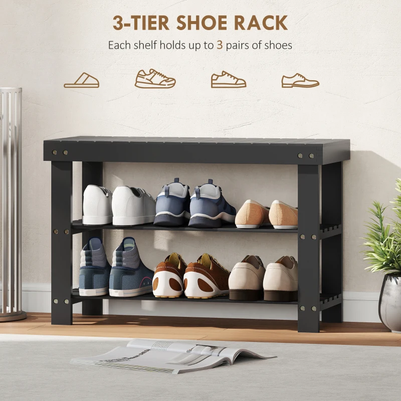 HOMCOM Bamboo Shoe Storage Bench, 3-Tier Entryway Bench with 2 Storage Shelves for Hallway, Holds 6 Pairs, Black