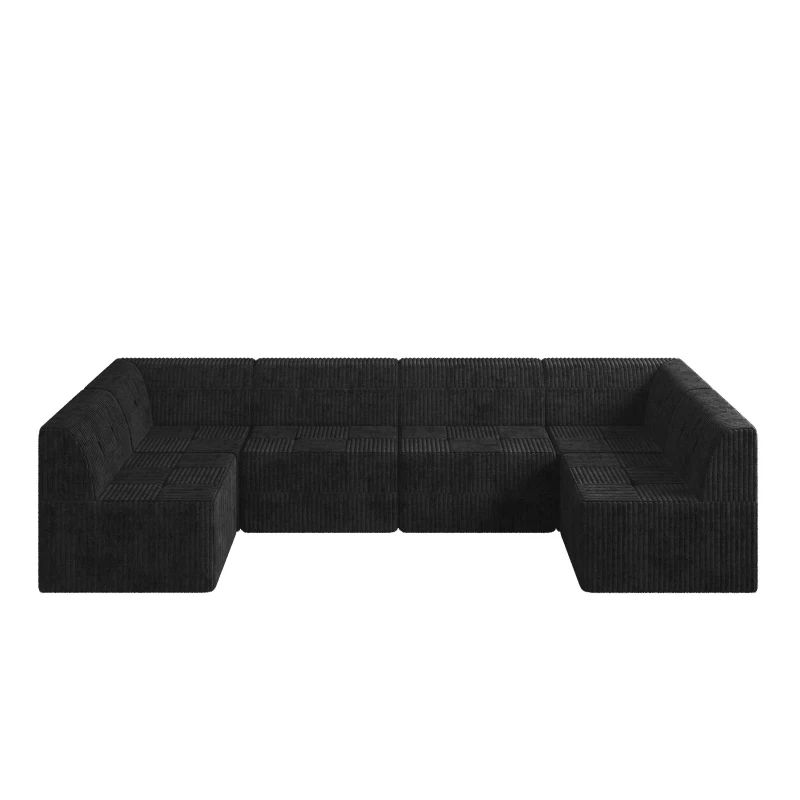 U-Shape Modular Sectional Sofa with Plush Terrycloth Upholstery, Space-Saving Minimalist Sleeper for Living Room, 130.5" L x 65" W x 30" H, Black
