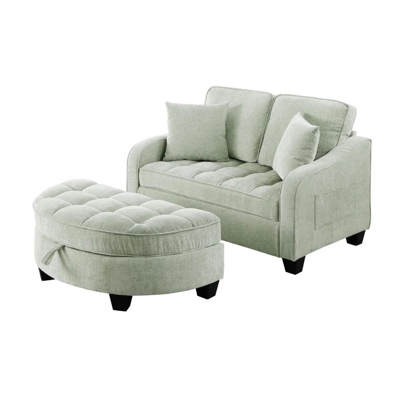 2-Seater Sofa Chaise Lounge with Irregular Curved Armrests, Ergonomic Backrest, Footrest with 2 Throw Pillows, 42.5" L x 32.5" W x 36.5" H, Cyan